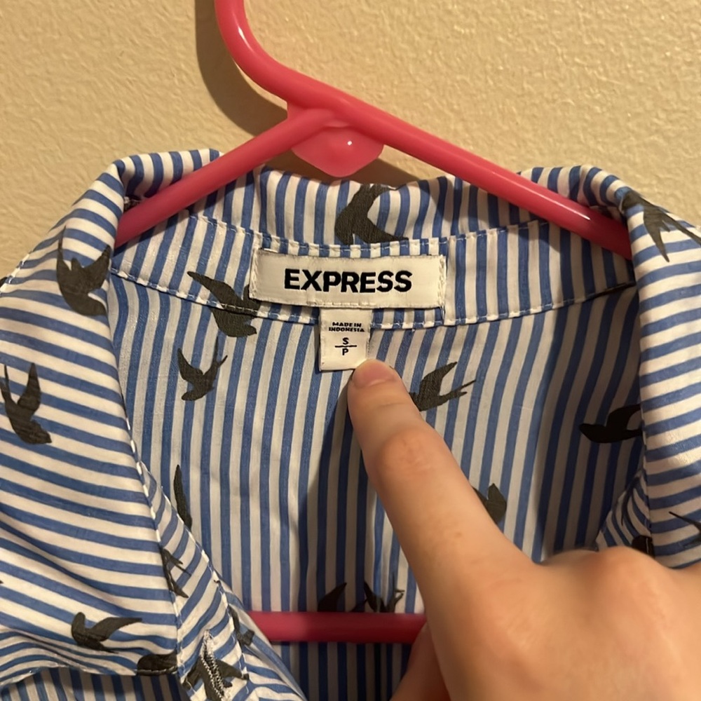 Express Blue and White Striped Bird Print Button Down Shirt Blouse - Picture 3 of 7
